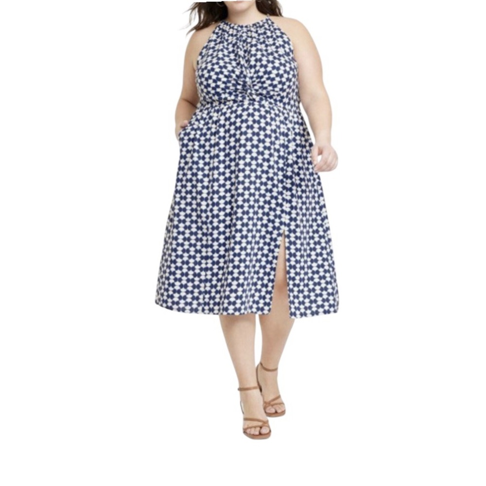 NWT AVA VIV Navy & White Geometric Sleeveless Halter Maxi Dress size 1X linen